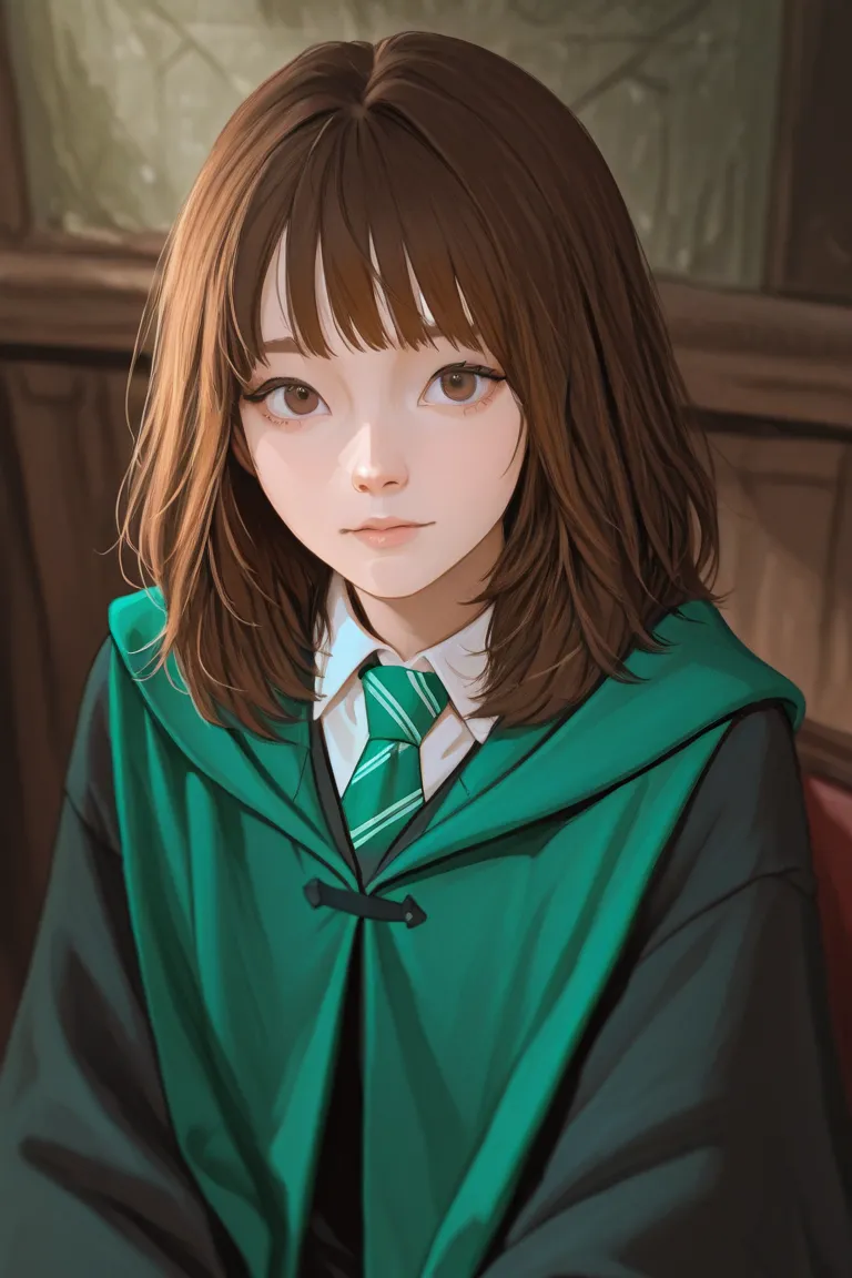 A girl with short brown hair and red strands on her hair and bangs on the sides. This girl sits pompously, she has brown eyes. The face is neutral, the angle is slightly from above. She is dressed in a Slytherin uniform from Harry Potter. Style semi realis...