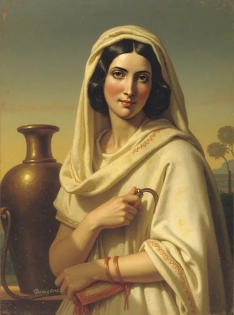 Transform this painting A virgin at the well. into the style of ancient Egyptian art while preserving the original layout and composition. Keep the woman's pose, clothing, and background structure unchanged, but apply bold black outlines, flat earthy color...