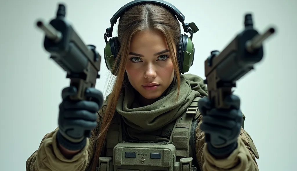 Create in thumbnail format for a video the image of a female soldier holding 2 weapons looking to the side and pointing the weapons as if posing for a photo with a headset that covers all of her ears