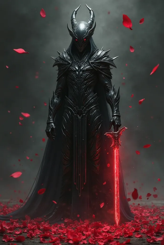 "Create a cover using the dominant colors black and red. The background should convey power, mystery, ethics, and red petals with smoky shades. With alien sword

