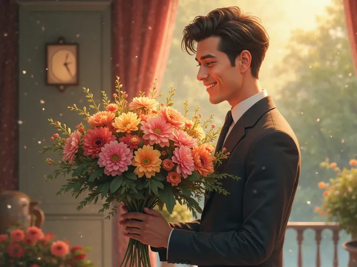 man with a bouquet of flowers