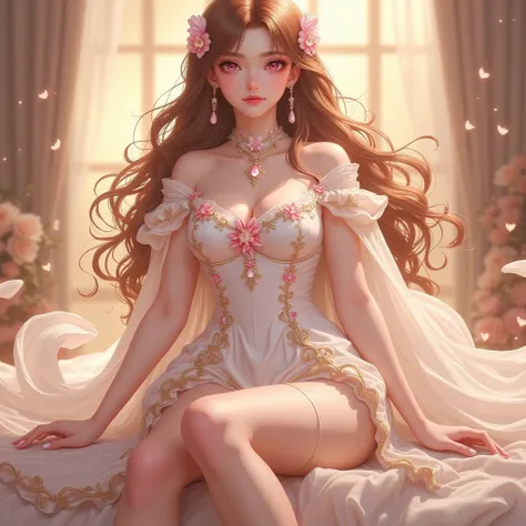 woman, Long wavy hair, brown hair,  pink eye drill, with big breasts, Wear a Sea-TrusBunny Girl Dress, sexy, Warm atmosphere, warm tones, tail, Look at the Spectator, Details, โมเดลtail, quality, tailสุด, hair ornaments, Flickering, depth of field,  3D Ren...