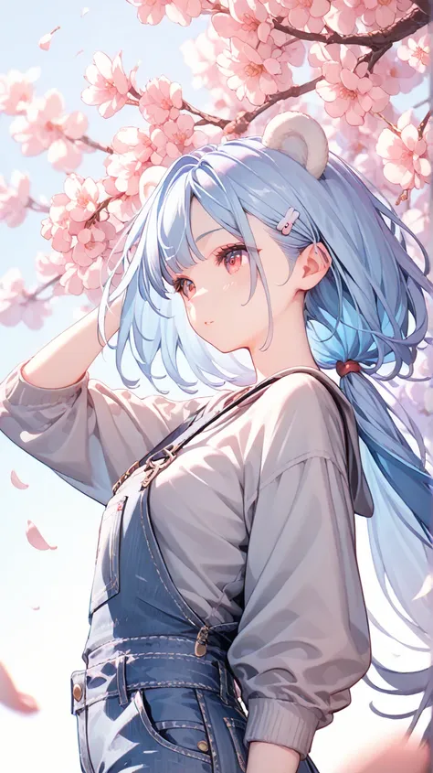 (Miho Sato: 1), highest quality, blue hair, holding a brick, high resolution, ultra-detailed, cherry blossoms, full body, bear ears, one girl, long hair, low ponytail, medium bust, very detailed eyes, gray hoodie, denim overalls, outdoors, wind, (detailed ...