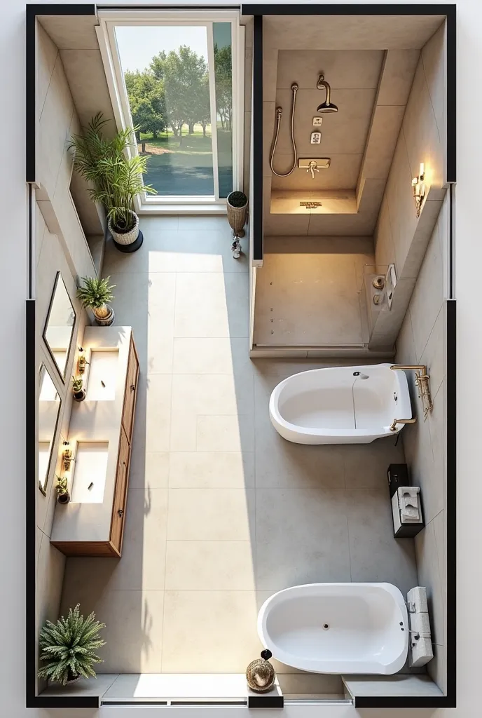 Generate a floor plan for the toilet and bath based on the plan below

Blow-Up Plan (Top View)

Lavatories (His-and-Hers):

Positioned along one wall, each 0.60m wide with 0.80m knee clearance below.

LED-lit mirrors above, marked with rectangular symbols ...