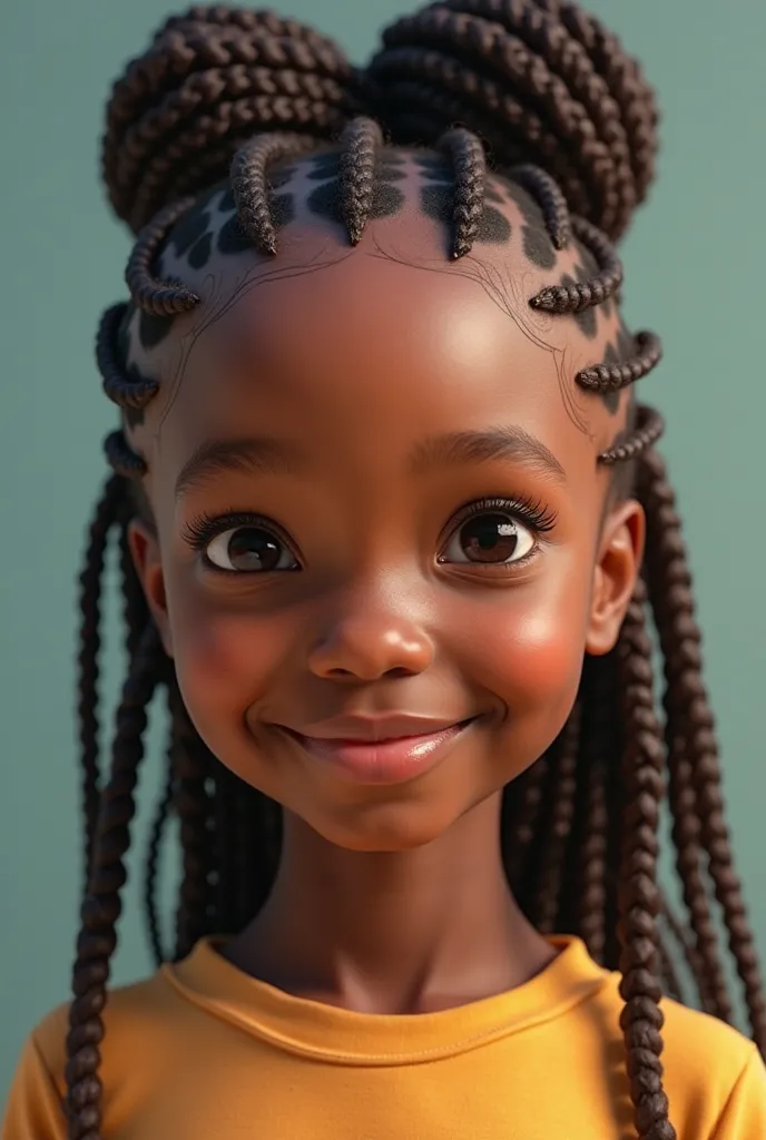 A cute young Afro-descendant girl with braid black hair. She has dark eyes, full lips, a small nose. REALISTIC Photoshoot.