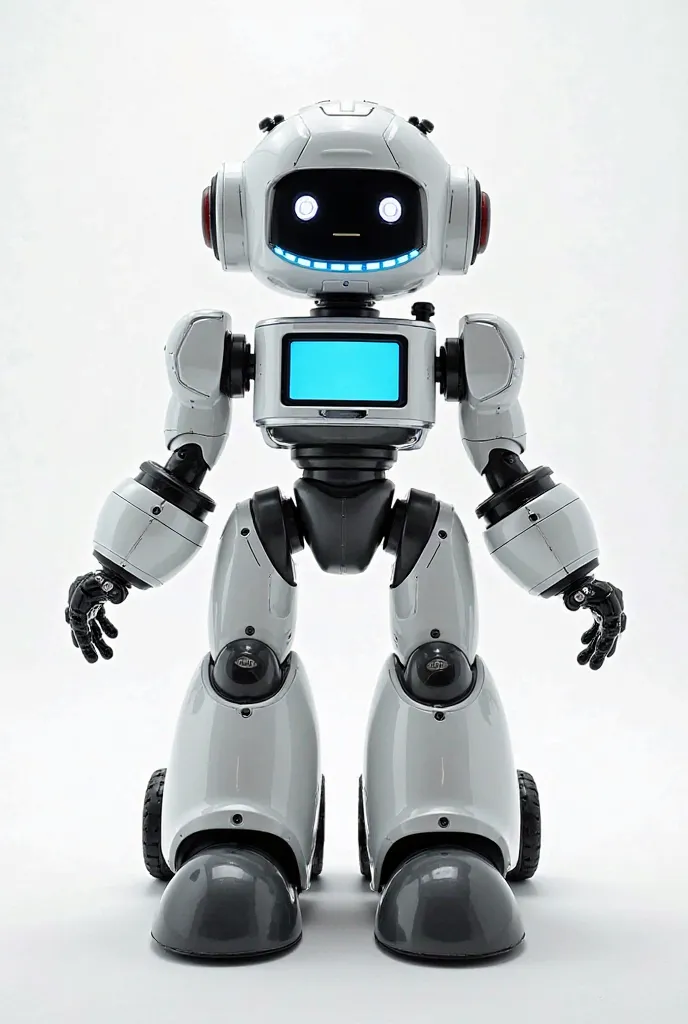 A robot with a head containing a display screen, camera, and microphone; a torso with a touchscreen; two arms each with a touchscreen and gripper; a base with wheels and stabilizers; and a back panel with solar panels."A robot with a head containing a disp...