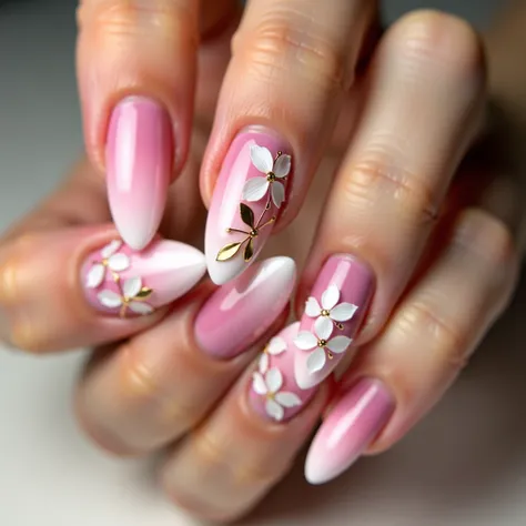 Cherry Blossom Cascade Nail Art" - Close-up photograph of a hand with all five fingernails displayed, featuring almond-shaped nails with a soft pink gradient base. Delicate white cherry blossom petals cascade from fingertips to cuticles across all five nai...