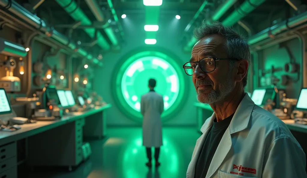 A high-tech laboratory filled with futuristic equipment and glowing greenish light  Dr. Arvind, a middle-aged scientist with glasses and a slightly bald head, stands closest to the chamber, watching with a mix of fascination and a slight smile. . 