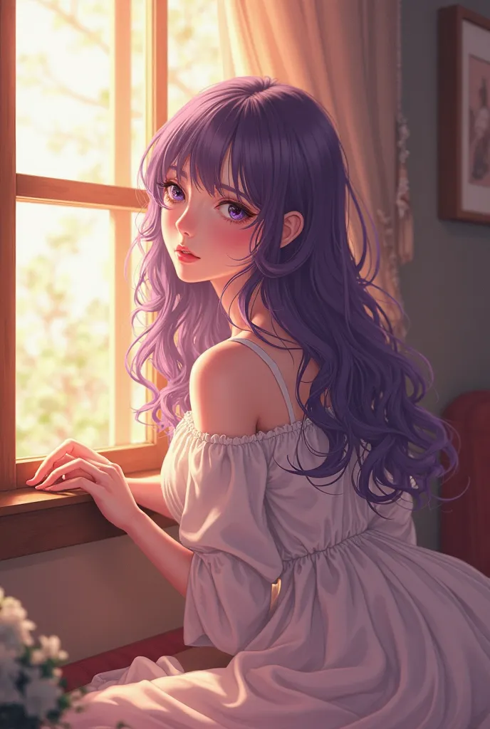 beautiful woman anime, with purple hair, long curly hair, window with sunlight, cozy room, relaxed pose, realistic, intricate details, warm colors