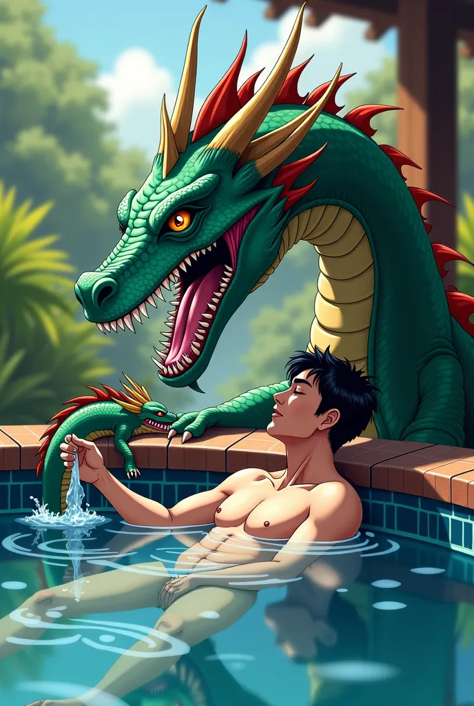 anime scene of a man in a hot tub with a dragon, concept art by Arthur Pan, pixiv contest winner, fantasy art, anthro dragon art, dragon vore art, water dragon, but as an anthropomorphic dragon, digesting a small dragon, d&d commision art dragon, detailed ...