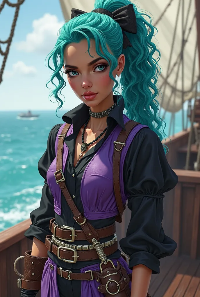 An unpredictable and innovative pirate, who never follows rules other than her own. Her hair is turquoise, Long and curly, often tied in a side ponytail with a bow Metallic. Her eyes are silver and shine like the surface of the sea. Your skin is light blac...