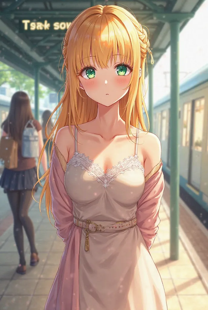 A beautiful high school girl with bright, silky golden-blonde hair styled in a refined half-up hairstyle, with soft strands framing her face. Her stunning, transparent emerald green eyes have a soft, modern anime style with a gentle sparkle. She is wearing...