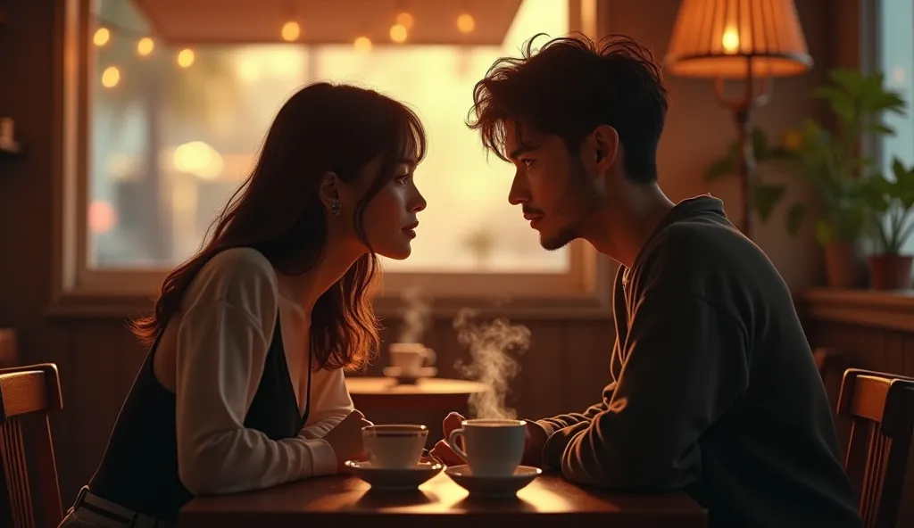 A woman and a man sit over coffee at the same table, quietly in a cafe with a soft light — for a casual feel, it's like in a Neo-Soul song.