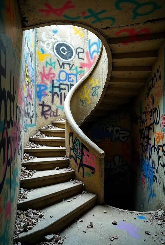 Spontaneous photo in an old broken stairwell an awful lot of graffiti 