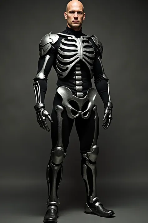 prisoner man, tight exoskeletal suit, metal steel, handsome face, full body, heavy duty steel