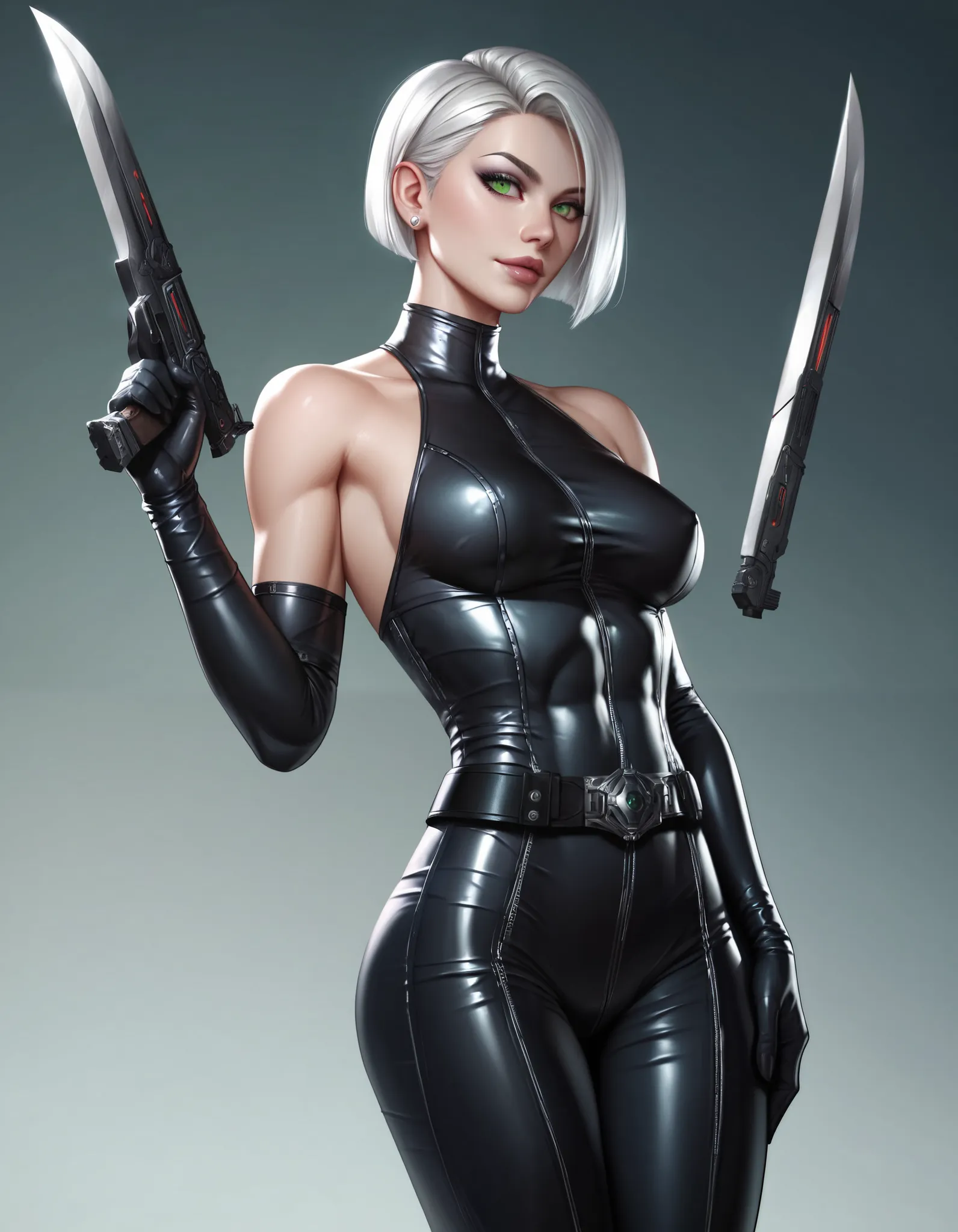 female black sleeveless latex bodysuit, black belt, black long tight pants, racerback, bare shoulders, long elbow gloves, black gloves, toned arms, beautiful faces, silver short hair, sleek bob cut, earrings, soft smooth skin, pale skin, tundra background,...