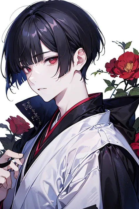 White background , ( 1boy  ) , pale skin , megami magazine , (  black hair , hair over eye , blunt bangs  ) , short hair , expressionless , red eyes , blue and black kimono , hakama , haori