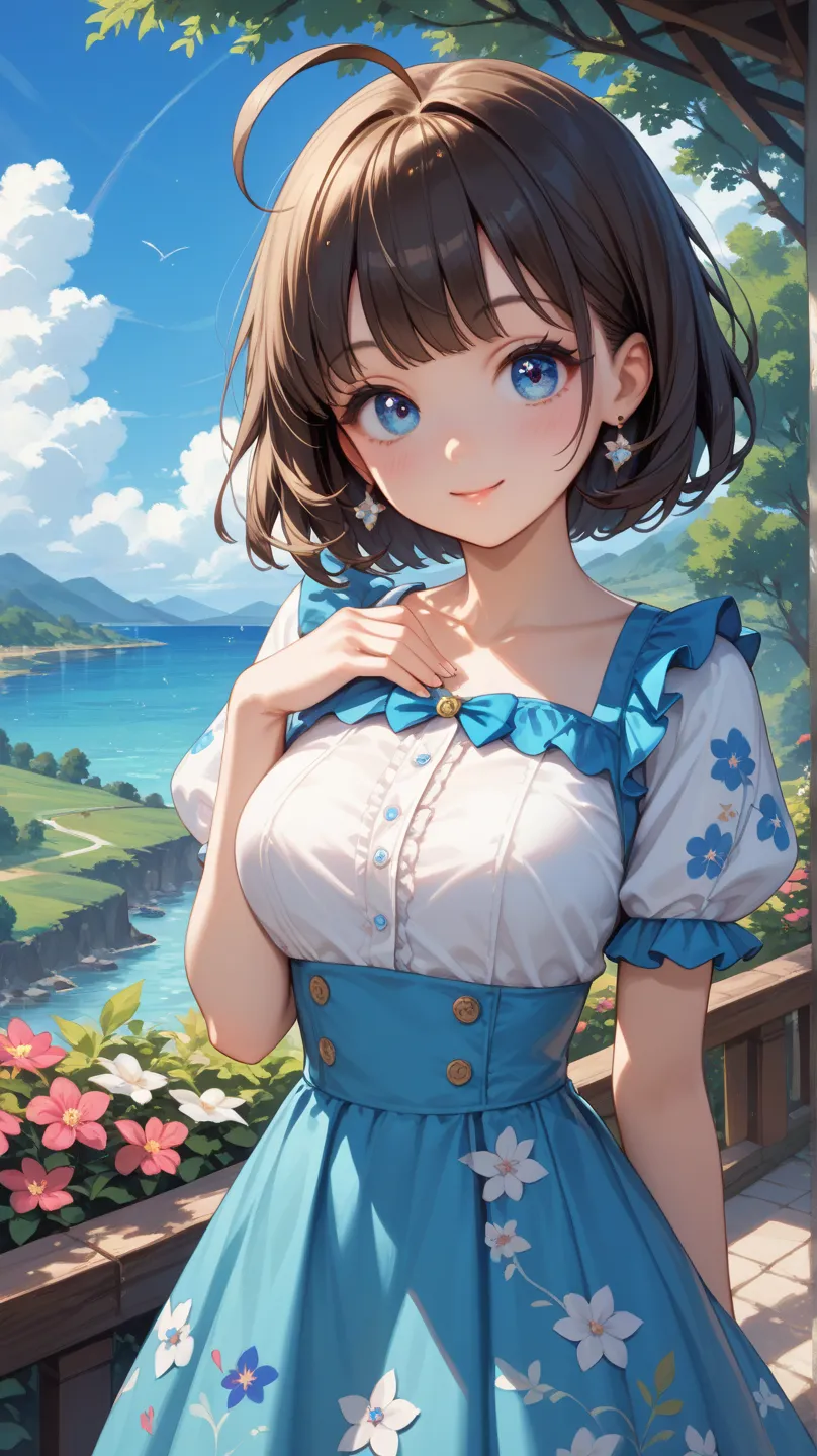 Score_9, Score_8_up, Score_7_up, young girl, dark brown, medium bob, ahoge, blue eyes, round eyes, one girl, beautiful breasts, cute, cute pose, spring fashion, short sleeve dress, floral pattern, spring scenery