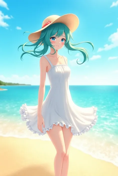 Miku wearing a white sundress hair blown by the wind, wearing and holding a sun hat on her head in the beach, beautil ambient lighting, more of blue and sun colors