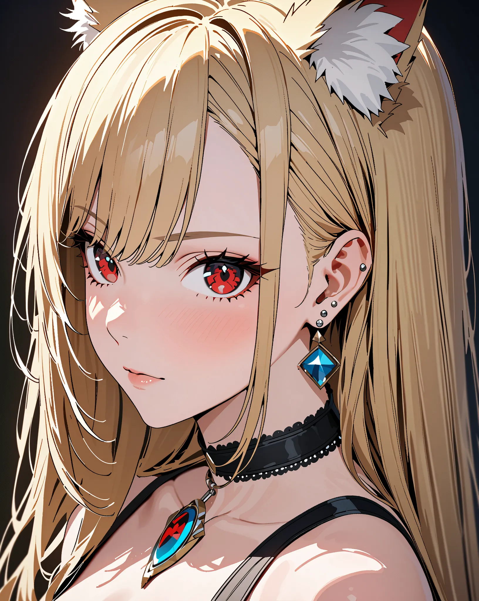 Small breasts, Kitagawa Marin,  fox ears:0.5,  1girl , blonde hair, long hair, multicolored hair, red eyes, jewelry, earrings, piercing, black choker, masterpiece:1.5, highest quality, UHD, retina, masterpiece, accurate anatomy, super detailed, high qualit...