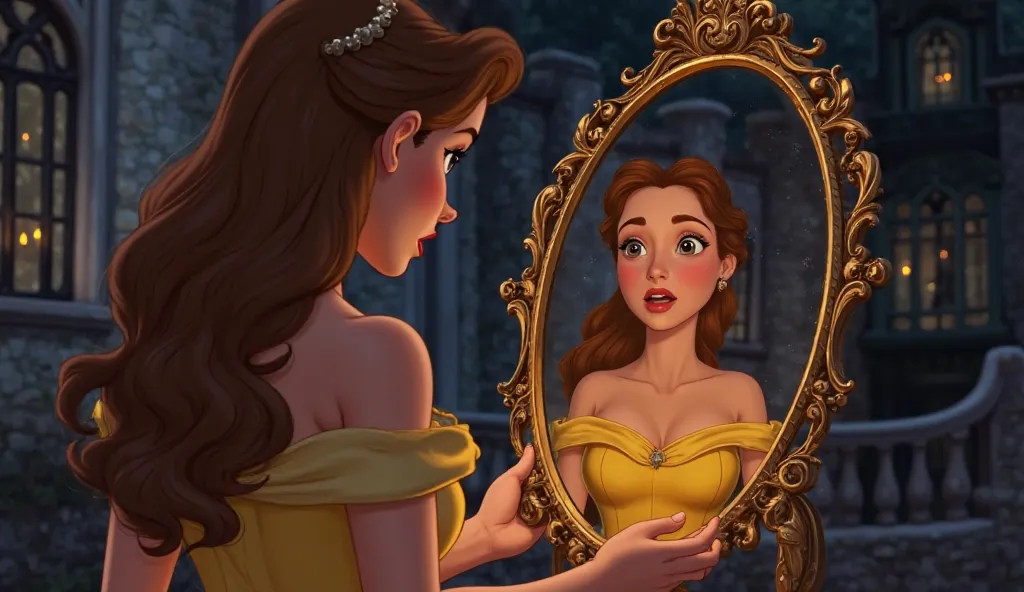 Belle Looking into the Magic Mirror – Belle (young woman, golden dress, brown hair styled in soft curls) holds an ornate enchanted mirror. She gasps as she sees The Beast (looking sad and lonely, standing on a castle balcony at night).