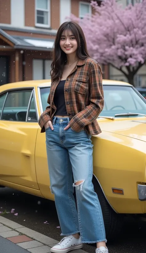 "A 22-year-old young woman with long, slightly wavy black hair. She is wearing a brown plaid shirt, loose-fitting blue jeans with frayed, ripped hems, and a pair of casual sneakers. She poses professionally like a model, exuding confidence and charisma in ...