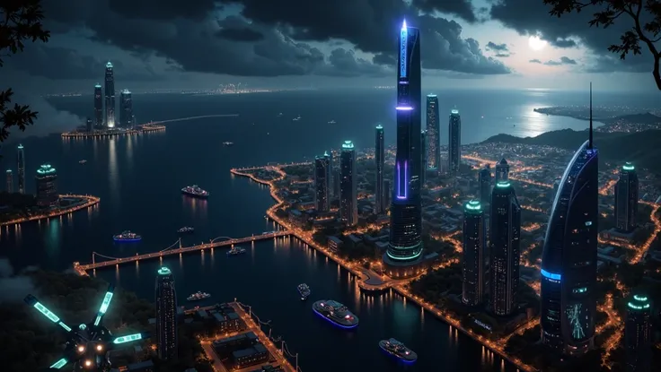 Create an ultra professional, realistic, cinematic, 8K quality image of a futuristic cityscape at night, featuring towering skyscrapers with advanced architectural designs and vibrant lighting. The city is surrounded by water, with several islands connecte...