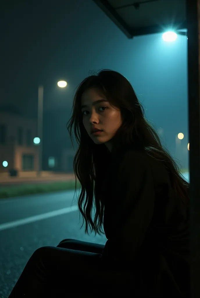 realistic photo, long haired girl is sitting at the stop, very quiet night atmosphere, and very dramatic, dim stop light,  faces towards the camera 