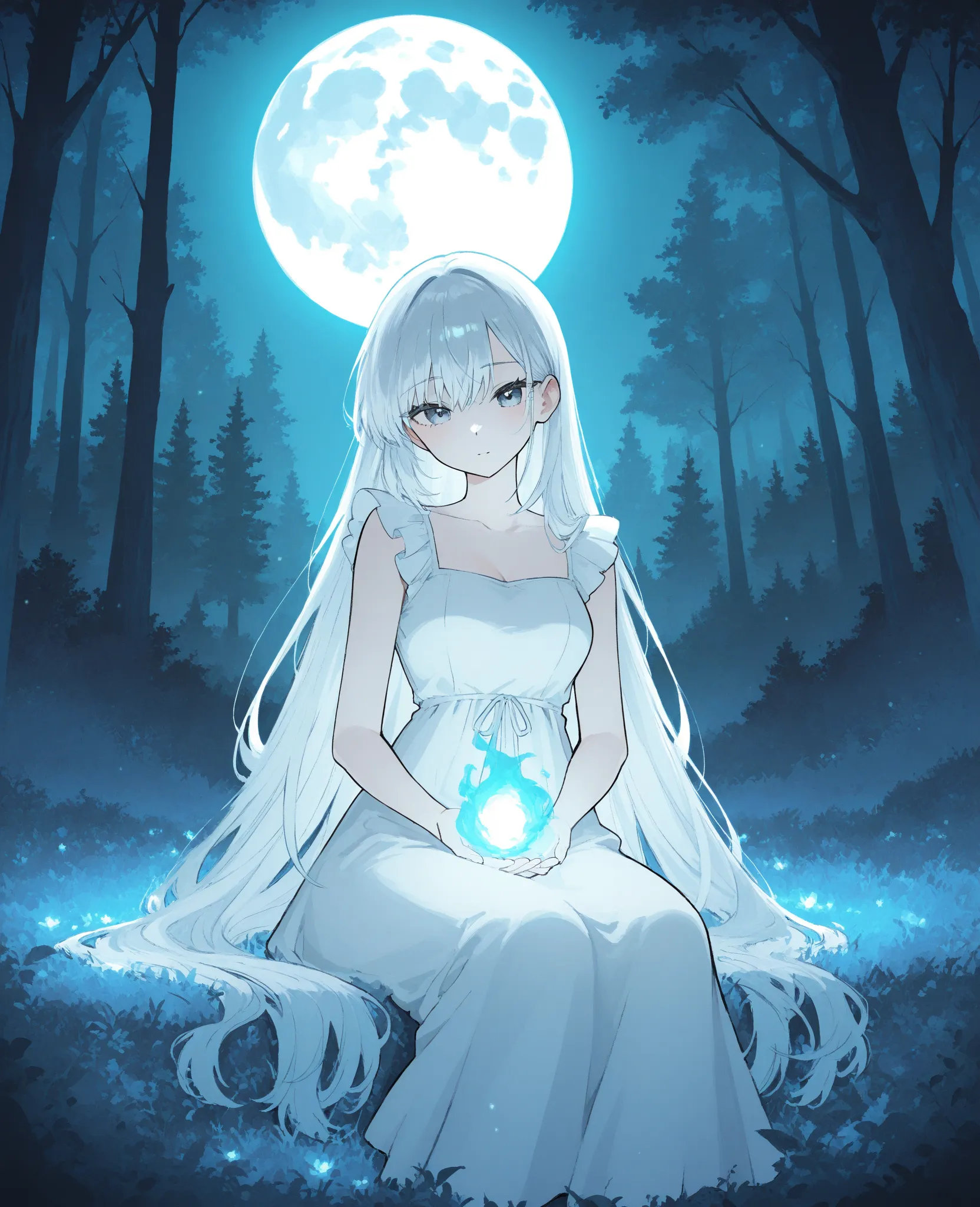 wolf, girl,in the forest, under the moon, caress the wolf, campfire