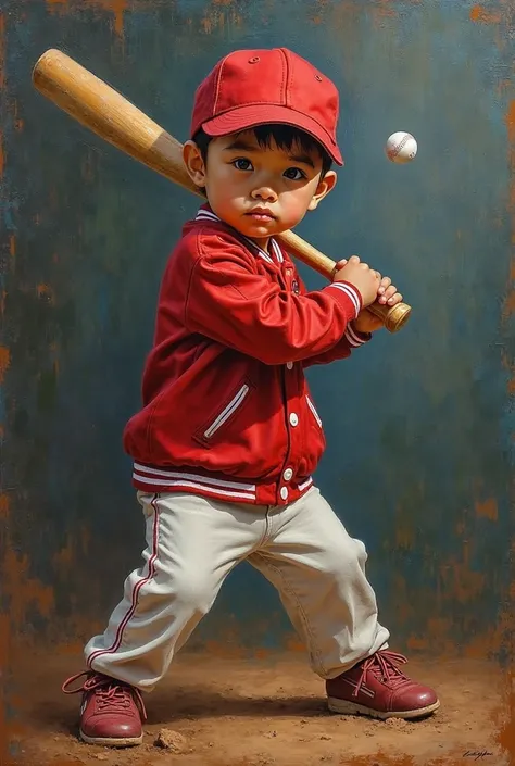   Indonesian boy aged 10, wearing a red and white baseball jacket 
 and hat, preparing to hit a baseball, dark to slightly light gradation background, oil painting genre