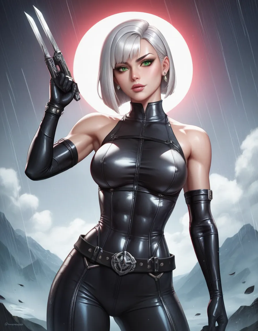 female black sleeveless latex bodysuit, black belt, black long tight pants, racerback, bare shoulders, long elbow gloves, black gloves, toned arms, beautiful faces, silver short hair, sleek bob cut, earrings, soft smooth skin, pale skin, rain background, g...