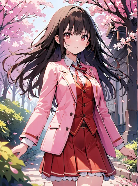 1 Girl, cute, (((masterpiece))), many decorations, high quality, high quality, (((extremely detailed))), 8k, background design,cherry blossom,petals,spring,
(((background Design))),kirakira,(((cowboy shot))),spring,suit,long sleeve,black hair,long straight...