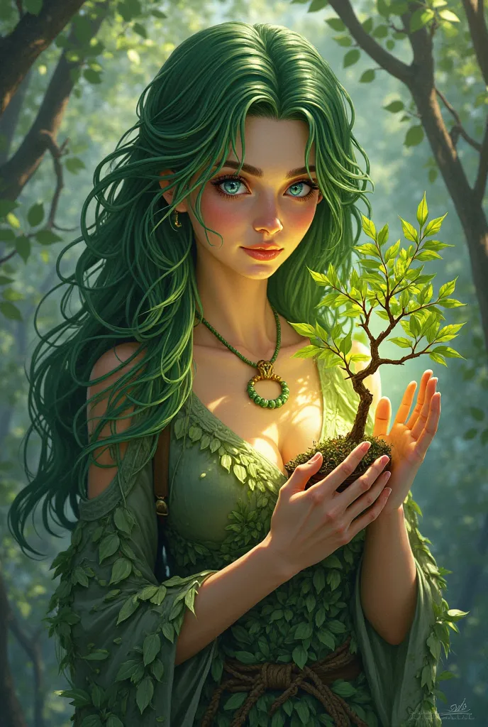 My character is a woman with long green hair like leaves, and eyes as blue as the ocean. He wears clothes made of leaves and branches, and he is holding a small tree that shines. The tree is a symbol of life and hope, and its brilliance represents my power...