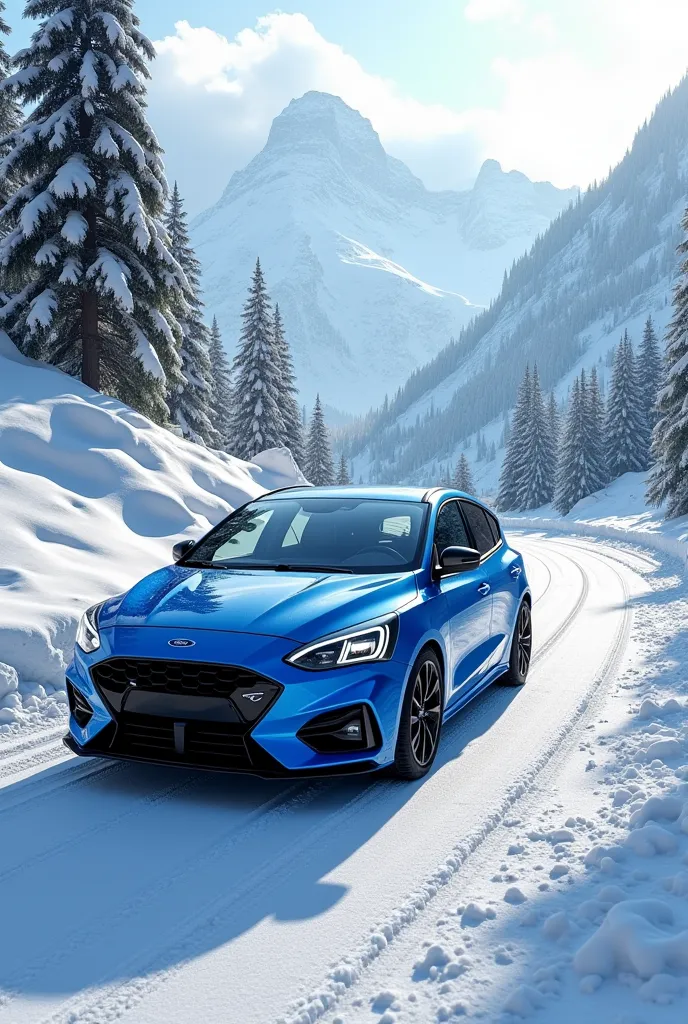 Give me a hyperrealistic image of a Ford Focus St Line X on a snowy mountain road