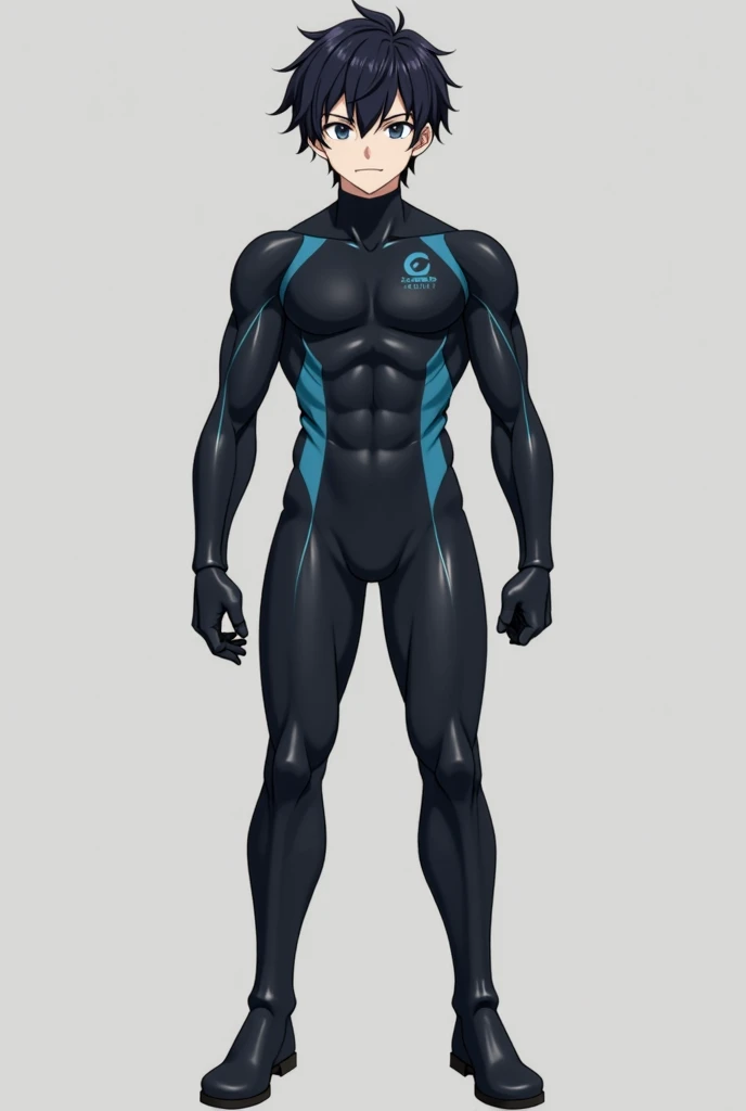 An 18-year-old anime-style boy wears a form-fitting diving suit that tightly hugs his body, accentuating his physique, with the sea visible in the background. The suit is complete with gloves and diving socks, creating a sleek and cohesive ensemble. He sta...