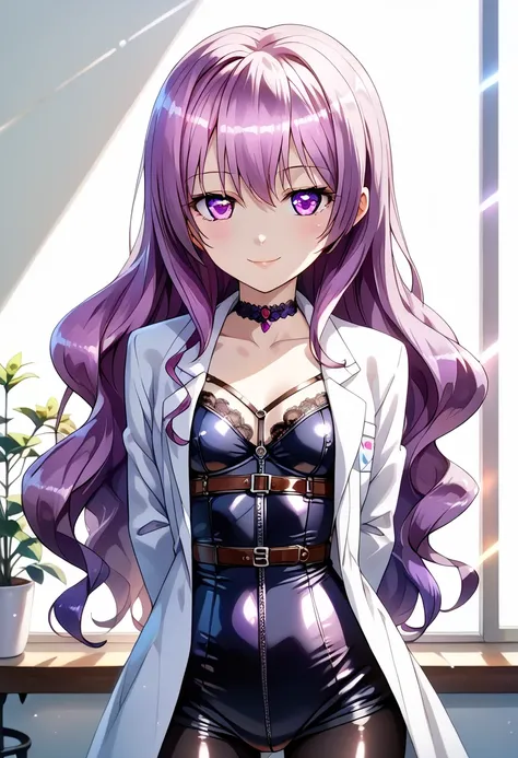 1girl,solo,cowboy shot,standing,(purple hair:1.4),long hair,wave hair,(purple eyes:1.2),(beautiful fingers:1.4),(perfect anatomy:1.4),(arms_behind_back:1.6),(leather lace glossy silk lamé:1.4),(latex luster shiny glossy enamel holographic metallic:1.4),(sh...