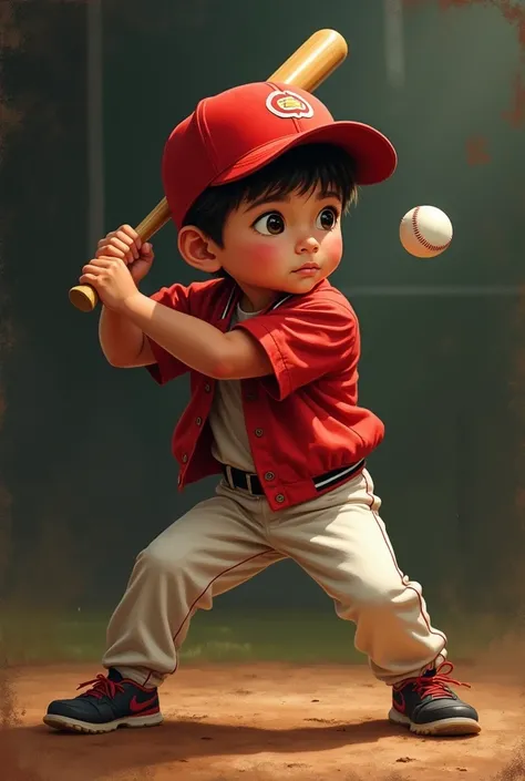   Indonesian boy aged 10 yerars old, wearing a red and white baseball jacket 
 and hat, preparing to hit a baseball, dark to slightly light gradation background, oil painting genre