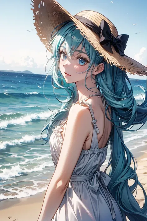 Miku wearing a white sundress hair blown by the wind, wearing and holding a sun hat on her head in the beach, beautil ambient lighting, more of blue and sun colors