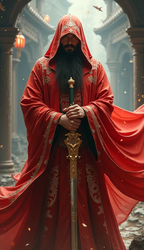 a magician dressed in a Chinese Taoist robe is a magical divine deity with a majestic red robe with a serpentine sword that gives the aura of protection to the Magi