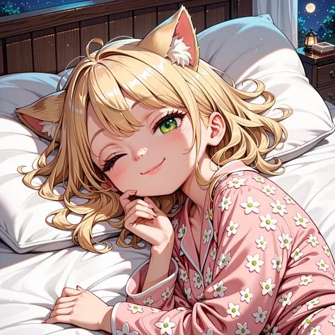 Her ears are covered with fur and cannot be seen.,blonde long-haired toddler with blond cat ears,night,closeup shot,round face,evil smiling,girl:1,Shining Green Eyes,beautiful skin,Floral pajamas,Sleep on a king-size bed