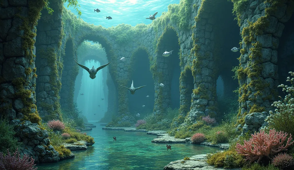 The broken wall of an ancient building under water sleeps quietly in the water，The stone walls are covered with corals and aquatic plants，Fish swim between buildings，as if entering a mysterious world of underwater ruins