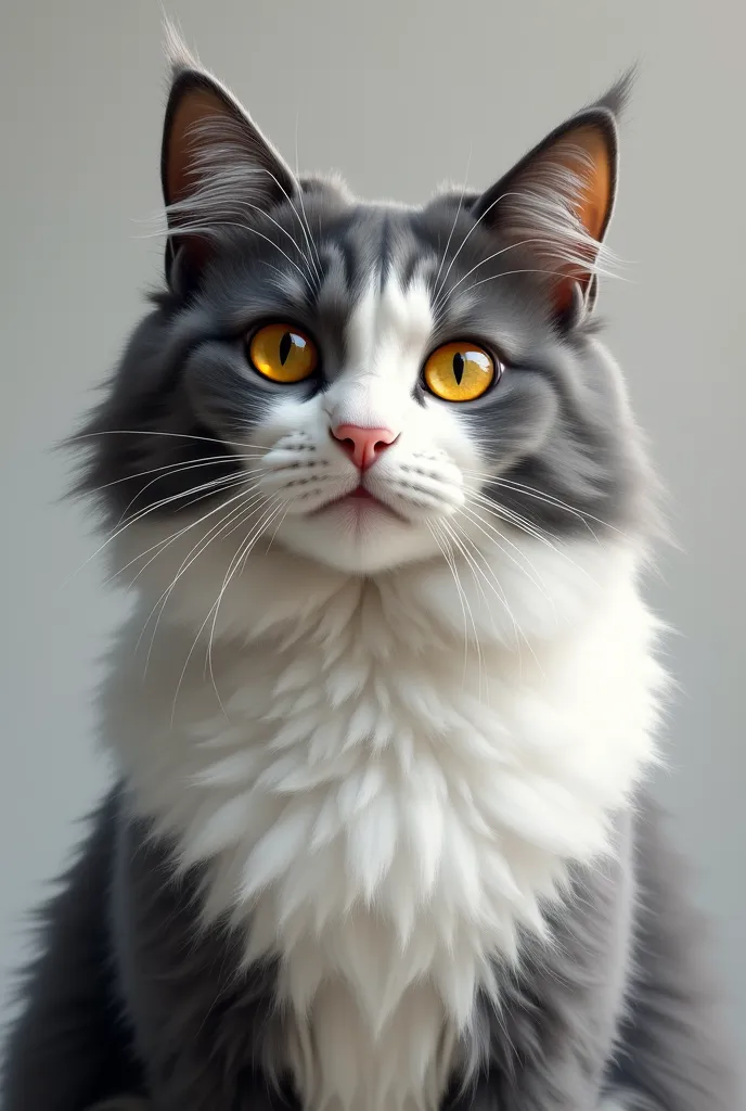 Cat with grey and white fur with yellow eyes and with sticky 