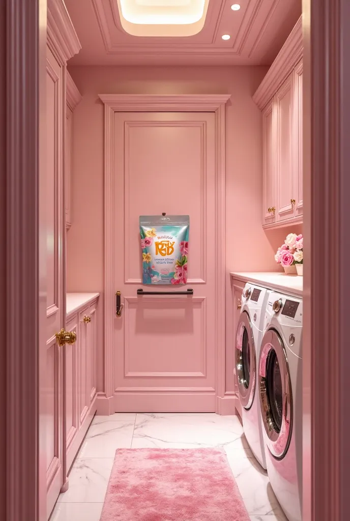 "Crop the image of the laundry detergent bag and place it into the luxurious laundry room with pink tones."