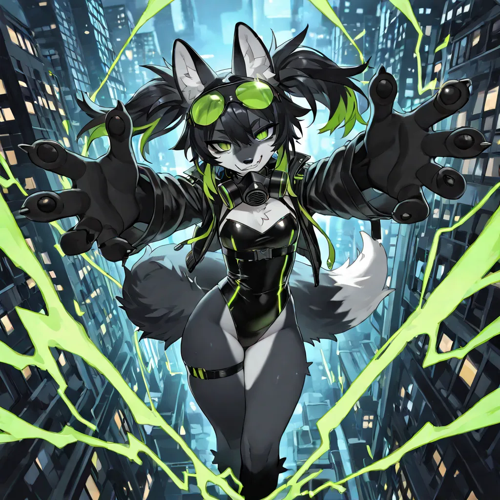 [[in the air]], BREAK, 1girl, (black fox furry female:1.4), black hair with twintails, green streaks and highlights in hair, fox ears, mature, ruffled hair, fangs, black thick eyebrows, neon green eyes, black eyeliner, black mascara, grin, evil face, slit ...