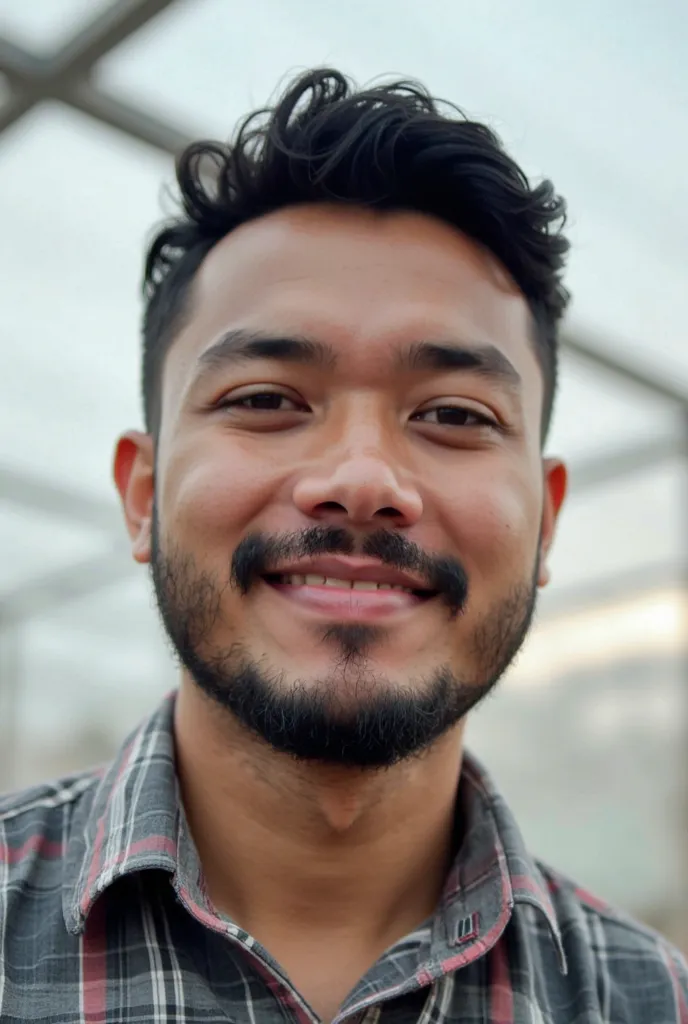 A man is captured in a close-up, slightly tilted selfie, displaying a calm expression with a hint of a smile. His short, curly black hair contrasts with the neatly trimmed beard framing his face, while he wears a plaid shirt in tones of gray, red, and whit...