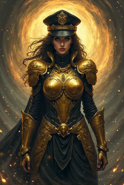 Use mir4 darkist class as guide, make a icon of a powerful gold female darkist with a captain hat and aura make it look fierce. Make it using black magic. The image must be square