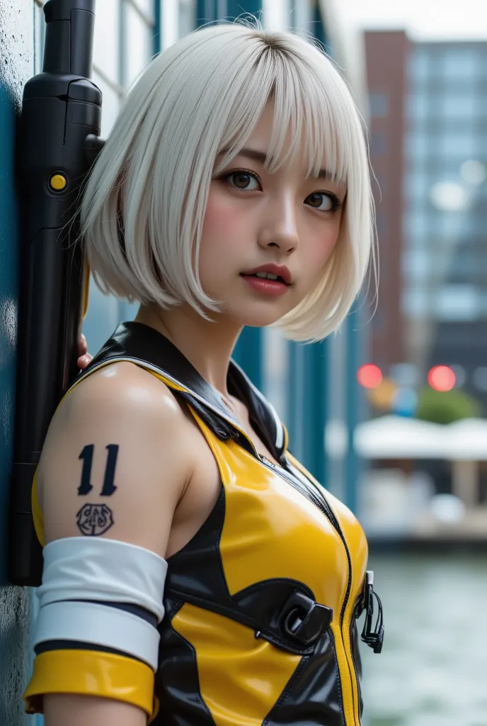 White short hair, person shooting with a gun in the background々、((masterpiece)),((最高のquality)),((Advanced Details)),((realistic,))
View from the architectural district of the industrial age city , There is a deep canyon in the middle,   architecture view f...