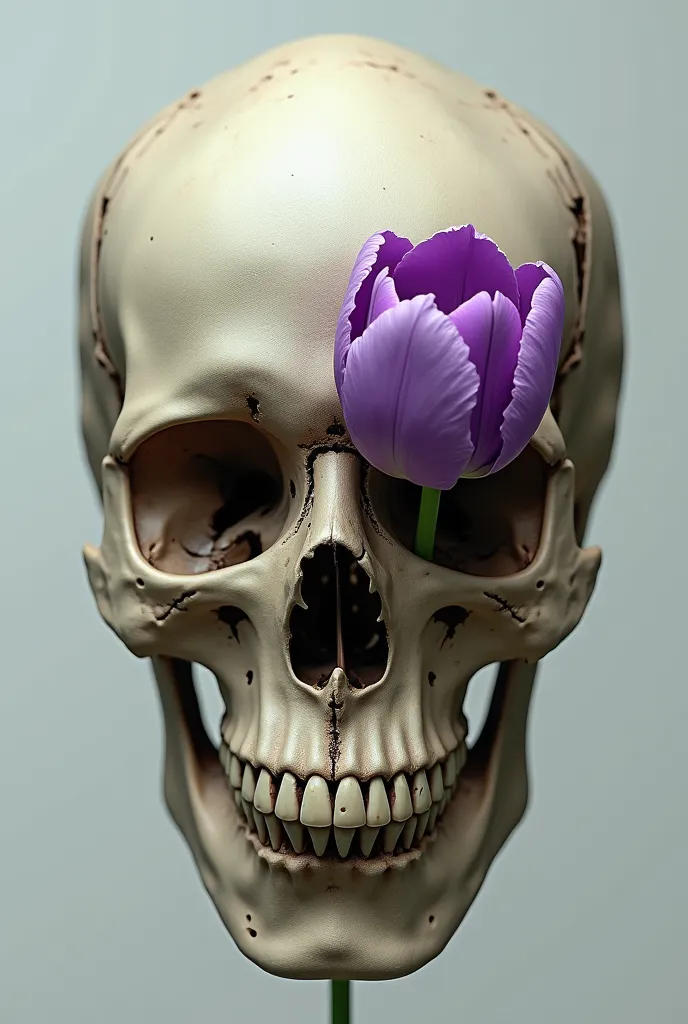 Realistic skull in the forehead and a purple tulip emerging from the left eye socket. 