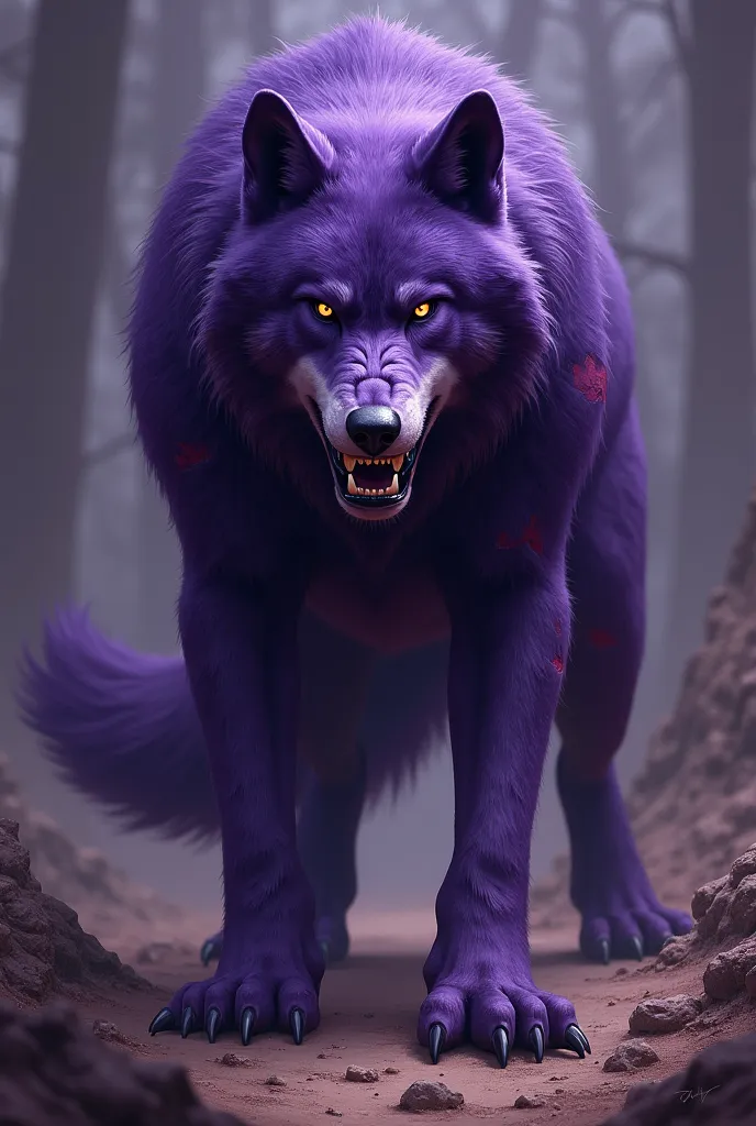 Create a creative mascot for college athletics of a bombed dark purple wolf