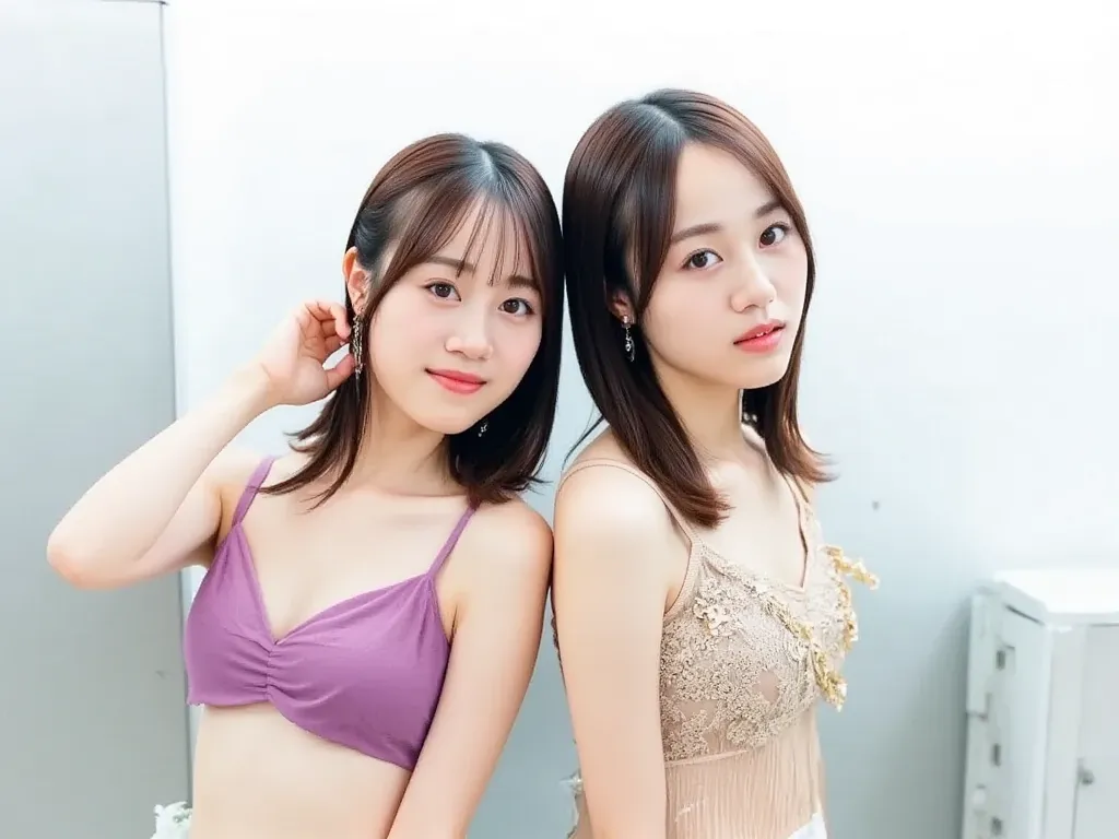 2 girls、 twins、 my face looks just like 、 twins  ,2 girls,pink underwear、ruffled underwear、camera, Brainstorming,  straight hair  ,Chest to Chest, Stretching my chest  , open your eyes,、I put a little pink lipstick around my forehead、I'm wearing a ruffle b...